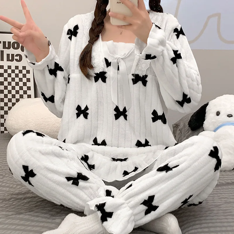 Women Pajamas Sets Winter Flannel Sleepwear Velvet Pyjama 2 Pieces Heart Print Pjs Warm Pijamas Mujer Female Loungewear Homewear