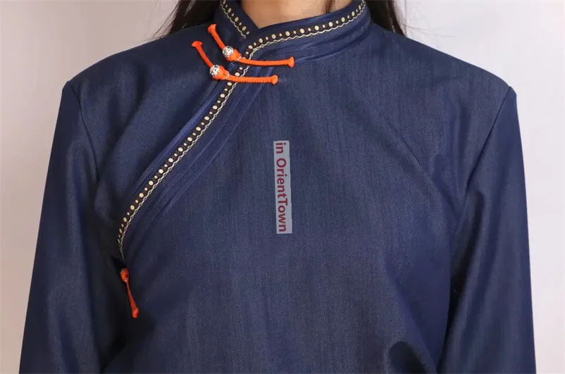 Ulan Bator Trend Denim Mongolia Popular Diagonal Collar Robe Dress Long Sleeves Traditional Women's Mongolian Blue Gown TP013