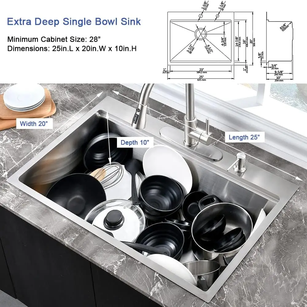 USA 25 Inch Drop In Kitchen Sink Workstation 25x20x10 Stainless Steel Overmount Kitchen Sink 10 Inch Deep Sink w/Cutting Board 6