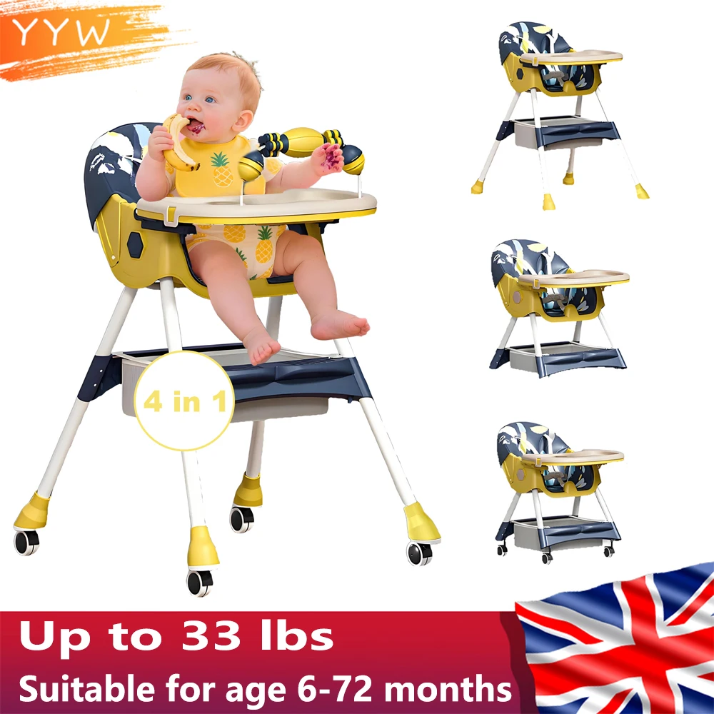 Foldable Baby High Chair Double-Layer Dinner Plate Toy Rack Eat & Play Convertible Dining Chairs for 6 Months Plus Baby