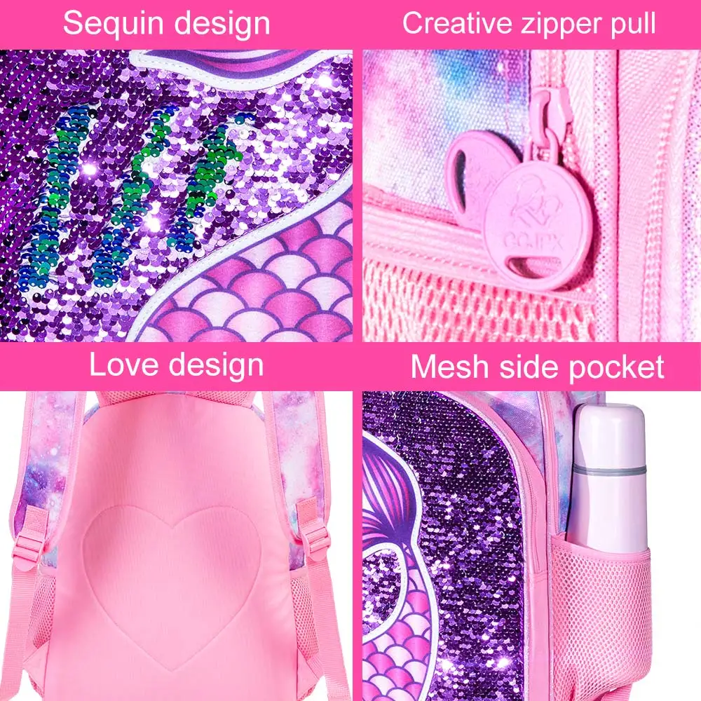 3PCS Kids Backpacks for Girls  16" Little Kid Mermaid Sequin Preschool School Bookbag and Lunch Box 2