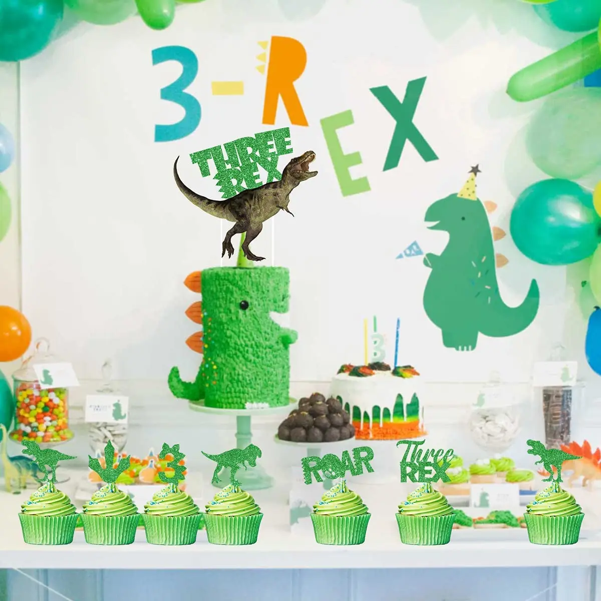 Dinosaurier-Cupcake-Topper Mit Glitzer – 24 Stück, Grüne Rex-Figuren, Für Kindergeburtstag & Dino-Party