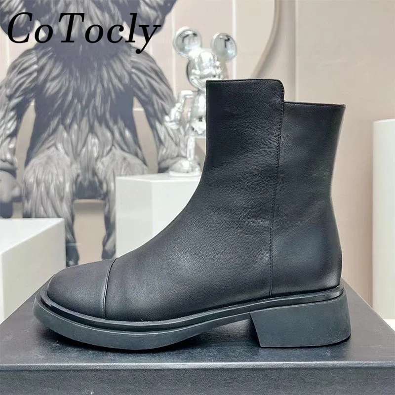 

New Genuine Leather Short Boots Woman Round Toe Square Heels Ankle Boots Runway Shoes Woman Autumn Motorcycle Boots Women