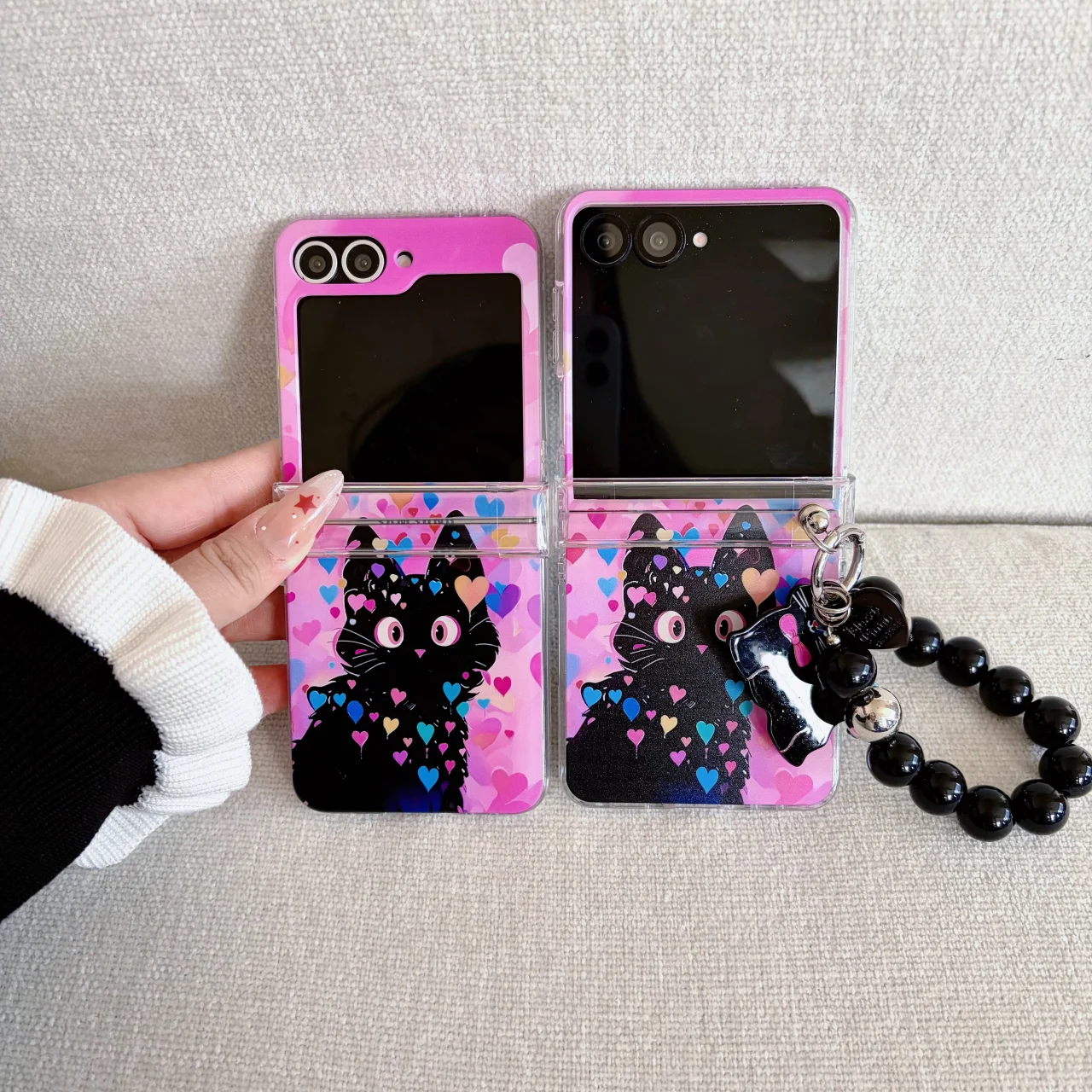 Colorful Love Heart Black Cat Folding Phone Case with Wrist Strap