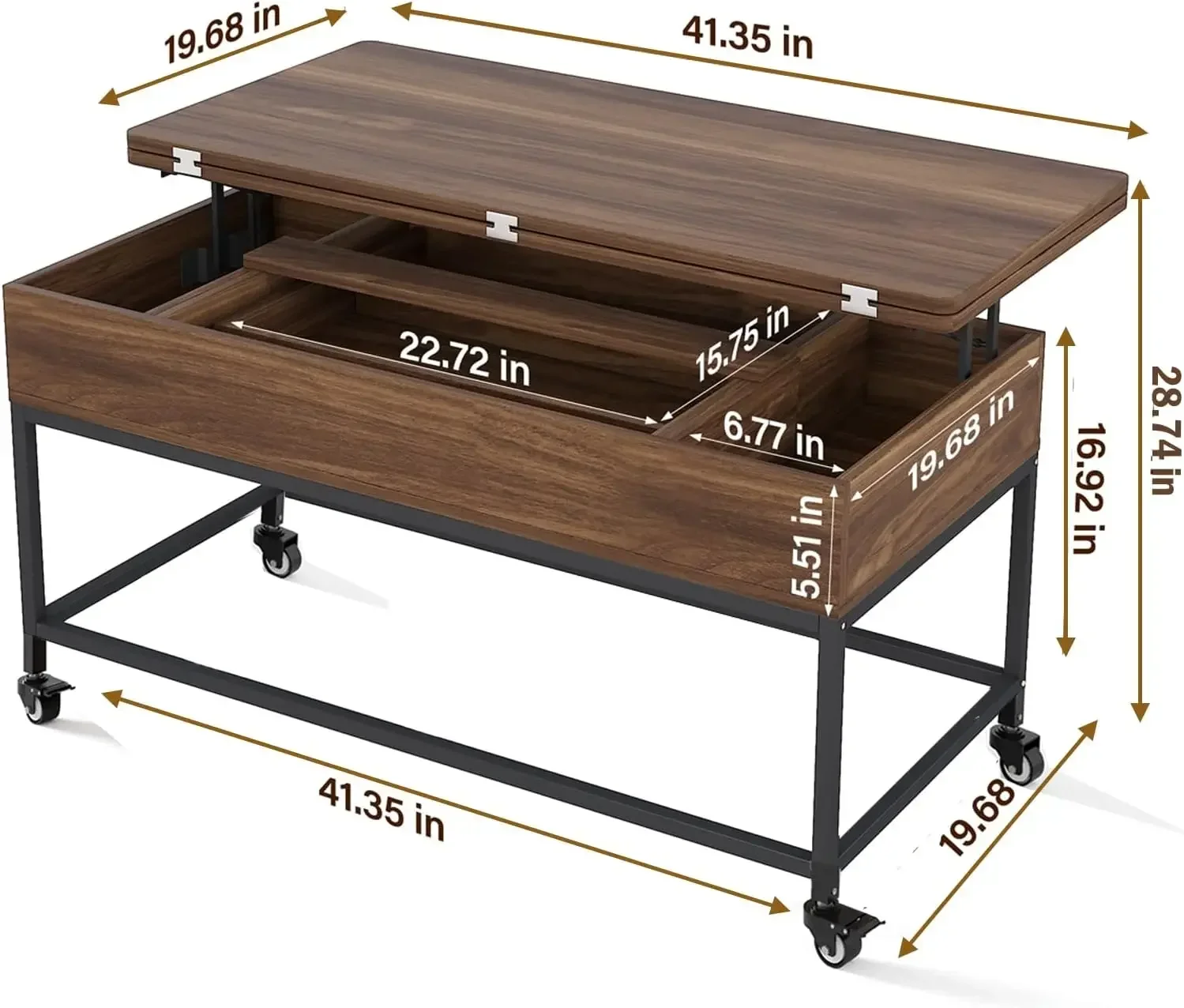 Lift Top Coffee Table, 3in1 Folding Rolling Coffee Table with Storage Drawer Push Opening, Metal Frame Wood Coffee Table 3