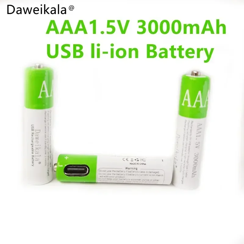 USB AAA Rechargeable Batteries 1.5V 3000 mAh li-ion battery for remote control mouse Electric toy battery + Type-C Cable rechargeable battery