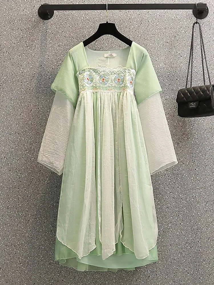 2023 Spring New Fashion Chinese Style Traditional Embroidery Long Sleeve Dresses Green Modern Hanfu Chiffon Dress M-4XL