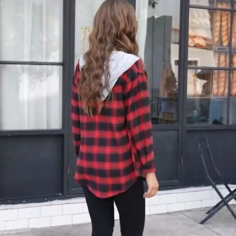 2023 New Autumn and Winter Fashion Plaid Hooded Button Mid Length Shirt Temperament Commuter Women's Cardigan Long Sleeve