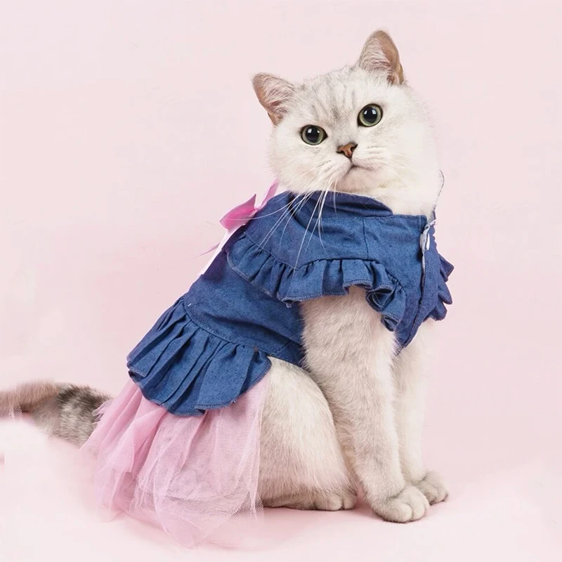 Pet Cotton Denim Frilled Shoulder Collar Embroidery Dresses for Cat Dog Daily Clothing