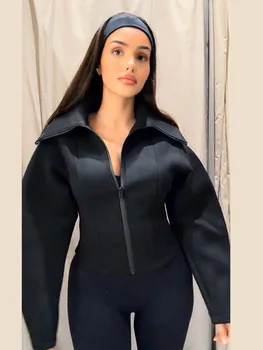 Women’s Black Casual Zipper Jacket Loose Fit Spring Outerwear 1