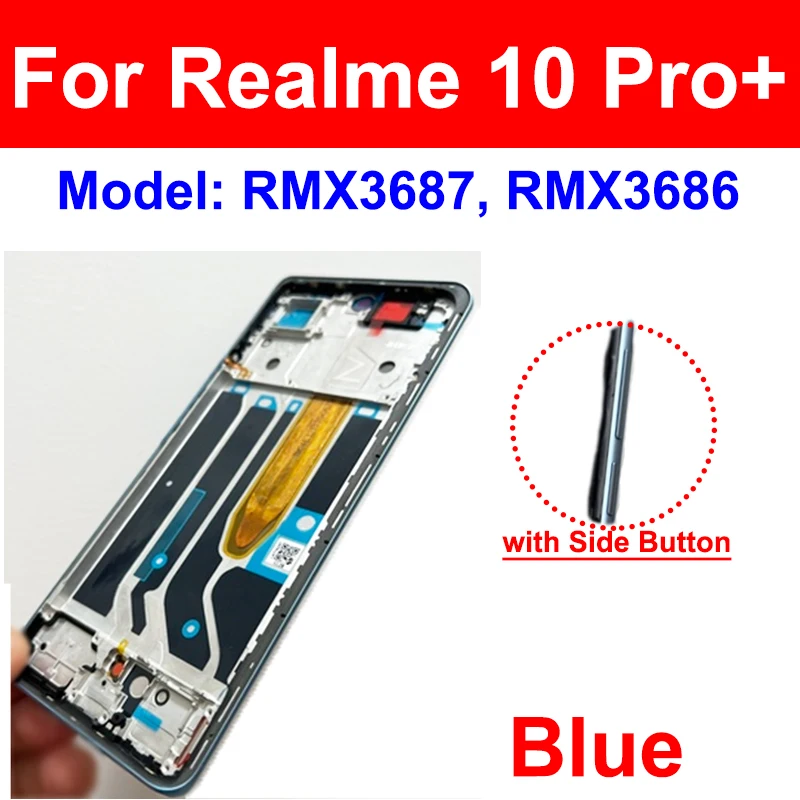 Realme 중간 전면 프레임 커버 하우징 베젤, 측면 키 부품 포함, 10Pro + 10 Pro Plus용 중간 하우징 프레임