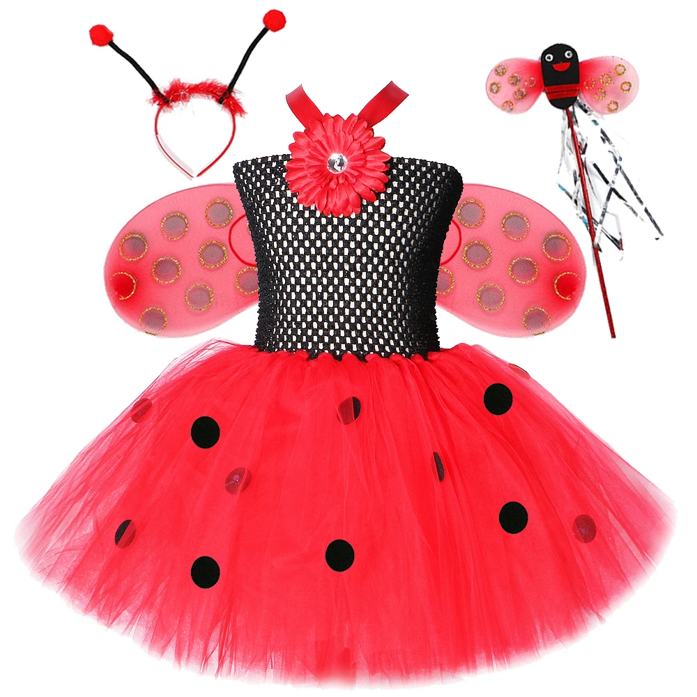 

Spots Lady Beetle Fairy Costumes for Girls Kids Halloween Tutu Dress with Wings Set Sunflower Princess Birthday Dresses Outfits