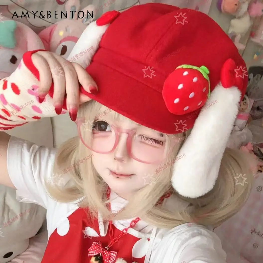 Original Sweet Girl Octagonal Hat Rabbit Ears Strawberry Red Newsboy Caps Cute Subculture Japanese Style Kawaii Beret Women