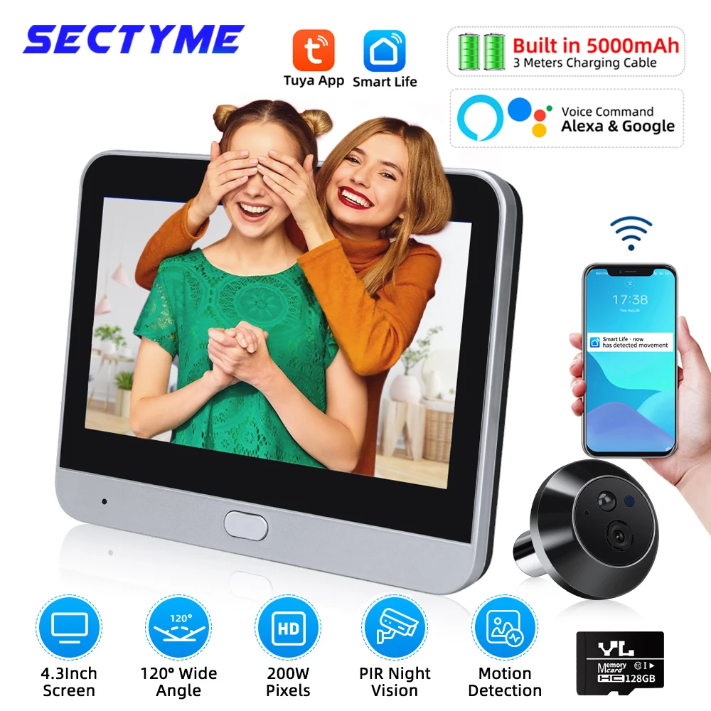 Sectyme 스마트 와이파이 블랙 미니 엿보기 초인종, 알렉사 구글 문짝 아이 뷰어, 무선 야간 투시경, PIR 모션 감지 초인종 Sectyme 스마트 와이파이 블랙 미니 엿보기 초인종, 알렉사 구글 문짝 아이 뷰어, 무선 야간 투시경, PIR 모션 감지 초인종