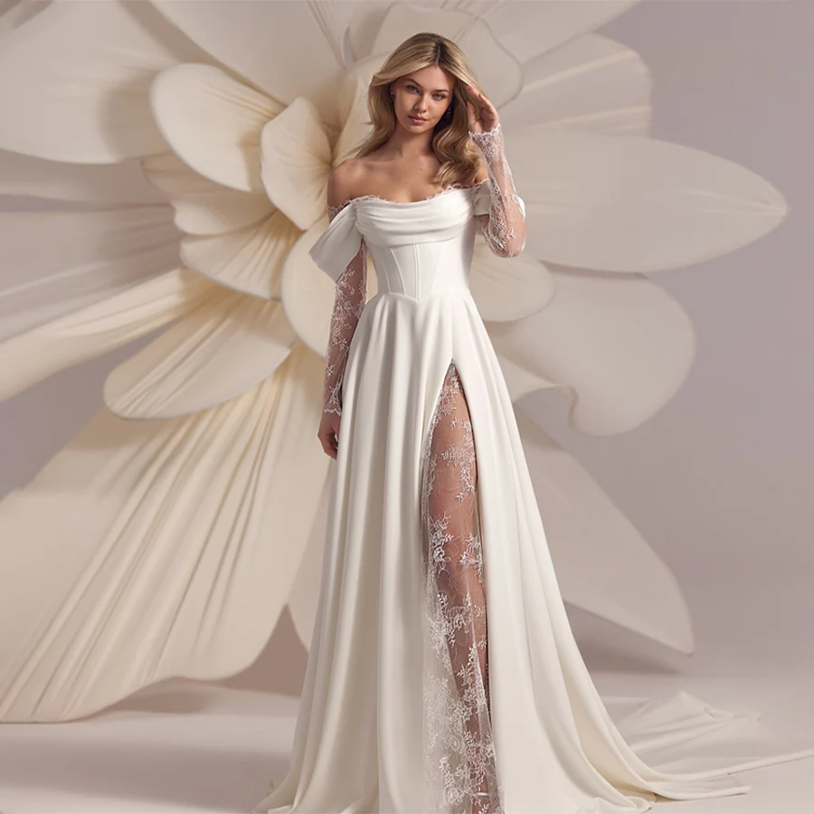 Strapless 3/4 Lace Sleeve Wedding Dress A-Line Front Split Lace Up Bridal  Gowns