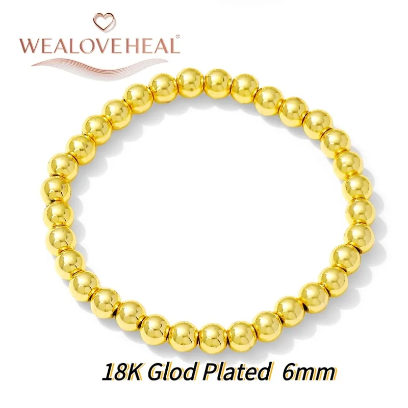 18K vergoldetes Messing Metall Runde Gold Kugel Perlen Armbänder für Damen Herren Schmuck, 4/5/6mm Perlenstrang elastisches Armband – Detail 21