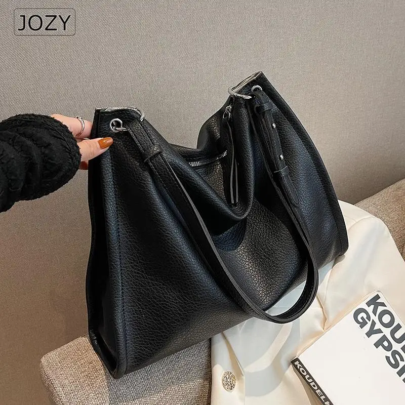 Jozy Trend Black Leather Tote Bag For Women Luxury Shoulder Handbags Shopping Underarm Hobo Bag