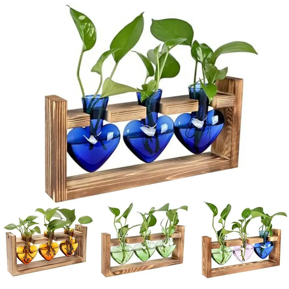 Retro Glass Plant Propagation Station with Wooden Frame – Heart-Shaped Hydroponic Vase for Indoor Plants, Desk & Home Decor 5