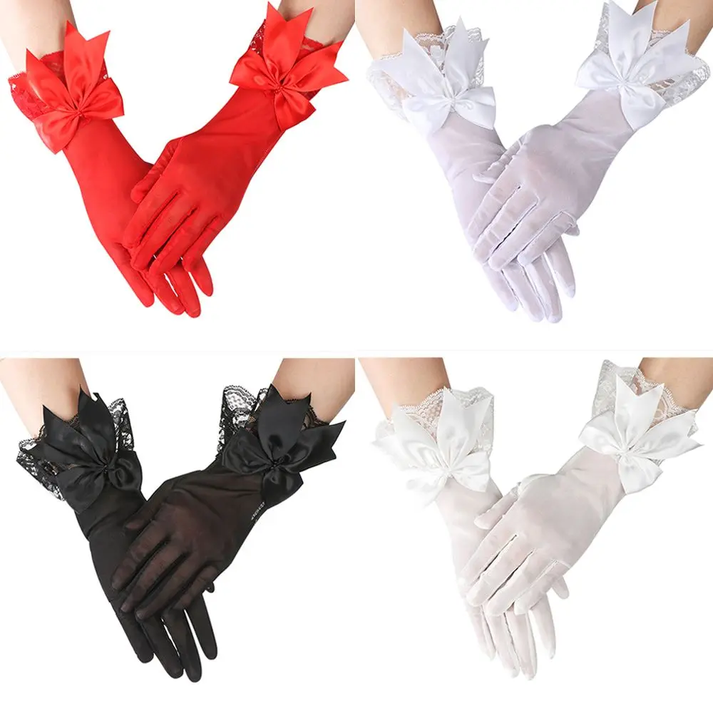 Marriage Party Chiffon White Bride Mittens Bow Driving Gloves Lace Gloves
