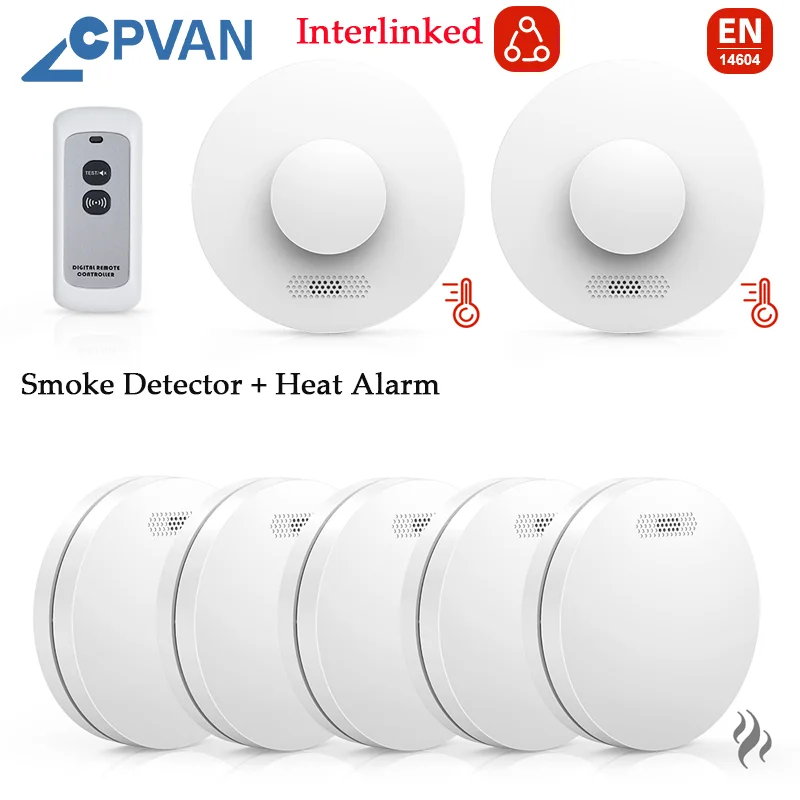 

CPVAN Interconnected Smoke Detector and Heat Alarm with Sealed 10 Years Battery Wireless 433Mhz Fire Sensor Connectable EN14604