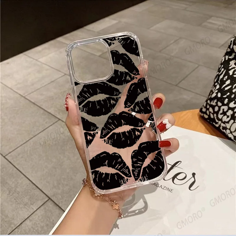 Transparent acrylic phone case Apple 14pro large hole anti drop ins style women's phone case iPhone 13 Kiss mark