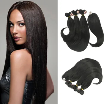 Synthetic Straight Hair Black 14 16 18‘’ 6 Bundles With Closure Hair Extensions For Women Tail Curl High Temperature Fiber Weave