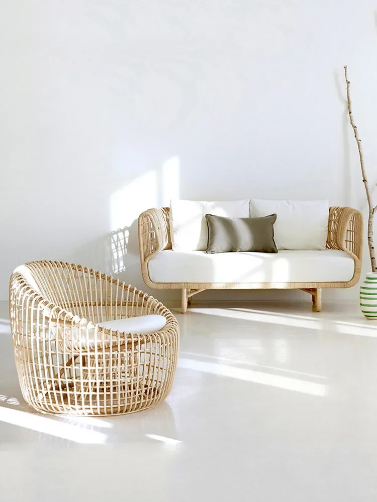 Outdoor sofa rattan chair coffee table combination simple and casual Indonesian real rattan B&B balcony furniture villa indoor c