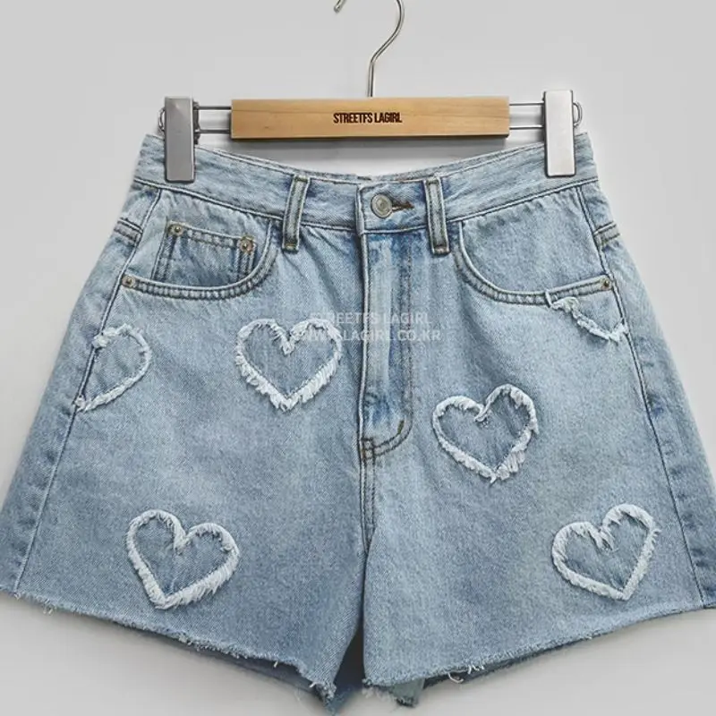 Denim Shorts Heart Rough Edge Pattern High Waist Women Stylish Button Wide Leg Jeans Shorts Women Spring Summer