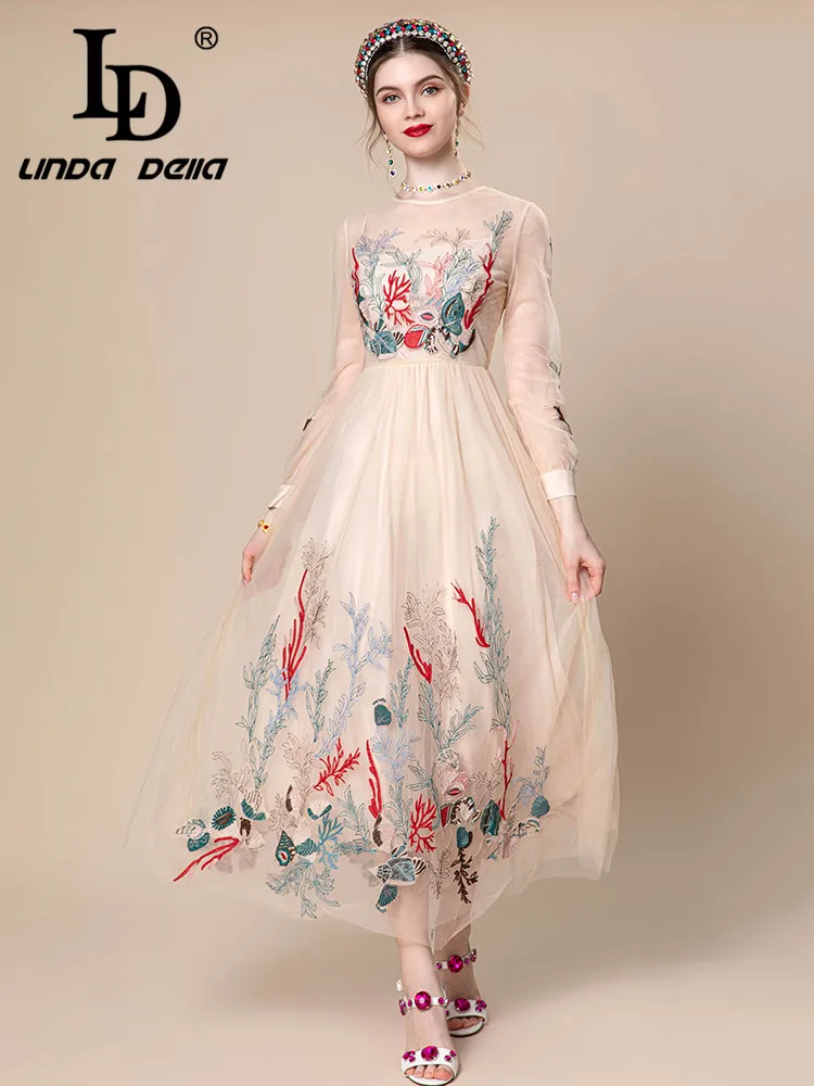 

LD LINDA DELLA 2024 Summer Italian Fashion Luxury Dress Women's Netting Embroidery Splice O-Neck Draped Elegant Party Long Dress
