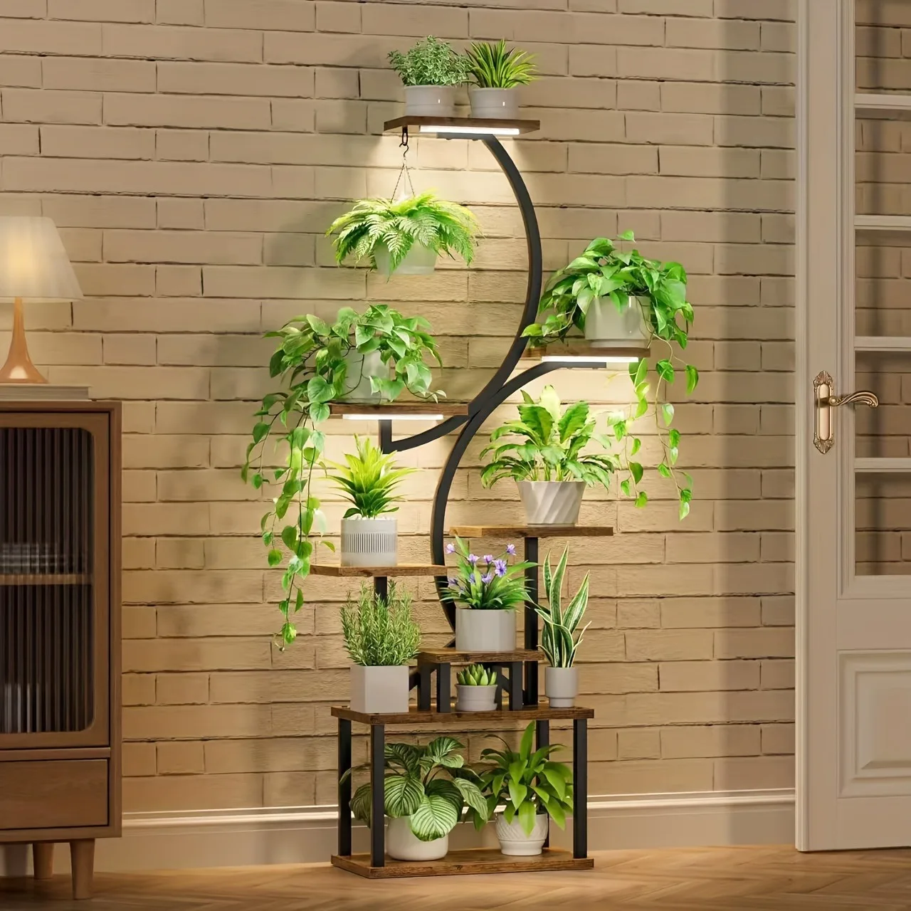 Metal Plant Rack Premium 8-Tier Adjustable Indoor Stand with Grow Lights & Wooden Shelves