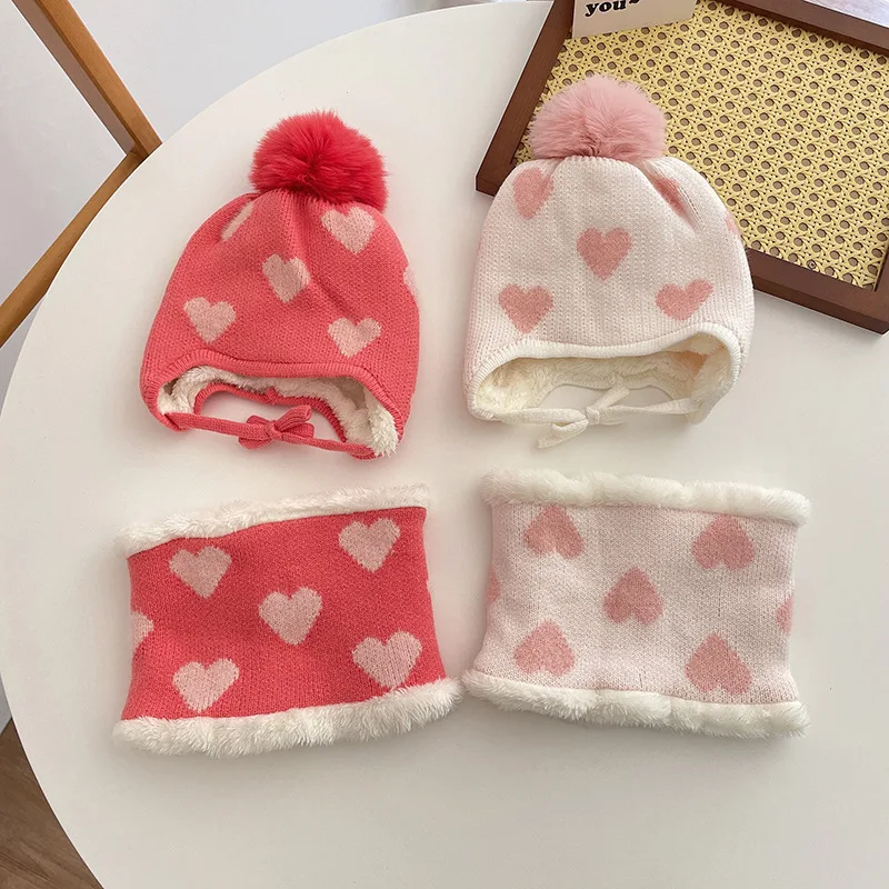 New Children's Knitted Love Hat Scarf Two-piece Winter Baby Padded Warm Two-piece Sets Kids Hat Scarves Sets
