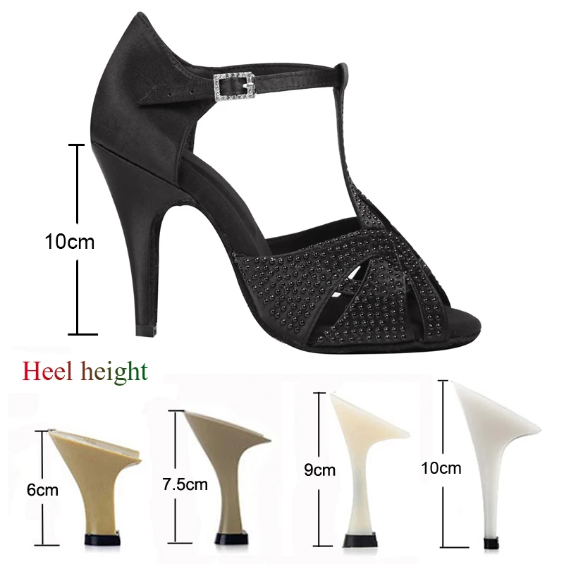 New Latin Dance Shoes Salsa Tango Ballroom Party High Heel Women's Shoes Rhinestone Black Satin Girls Summer Sandals Sneakers