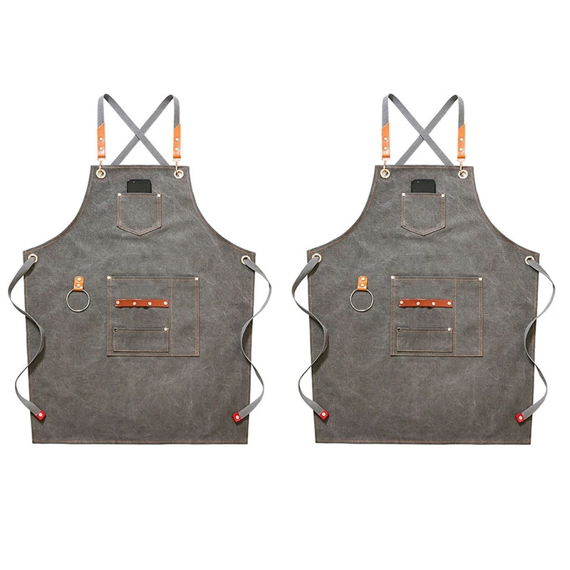 

2X Canvas Bib Leather Chef Kitchen Apron Women's Men's Barista Bartender Pocket Household Apron(As Shown)