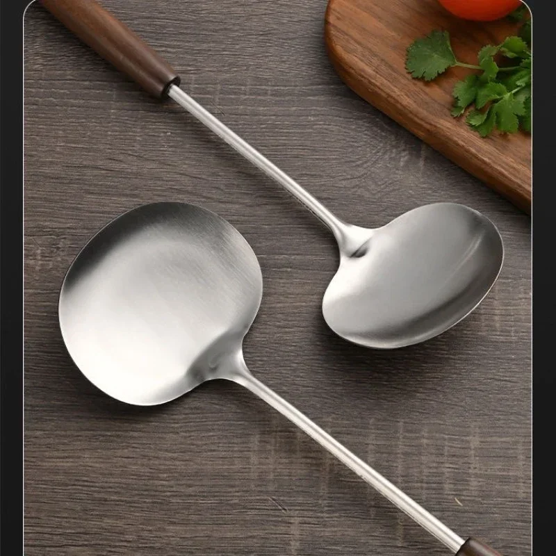 Premium Stainless Steel Spatula, Extra Long Wooden Handle Shovel for Cooking - Non-Scratch & Heat Resistant Kitchenware