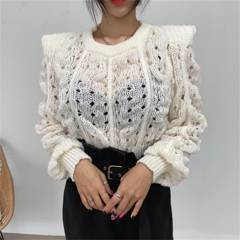 

PLAMTEE Slim New Hollow Out Jumpers Sexy Women Knitted All Match Autumn 2022 Shoulder Pads Office Lady Hot Pullovers Sweaters
