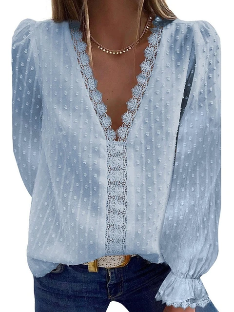 Verão mulheres blusas moda rendas retalhos v pescoço manga longa casual  elegante camisa topos escritório trabalho de grandes dimensões chiffon  camisas - AliExpress