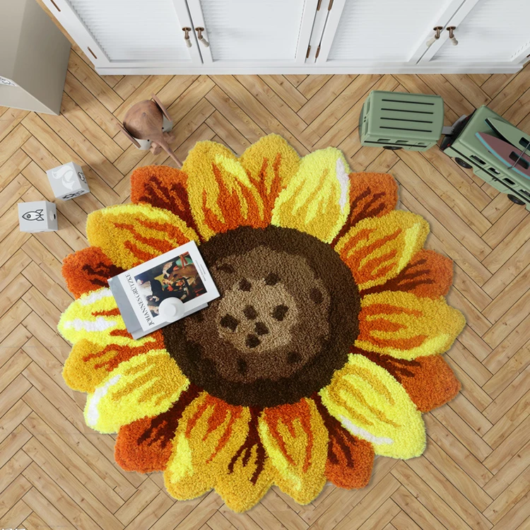 

3D Sunflower Thick Flower Carpet Bedroom Living Room Round Rug Bed Soft Parlor Area Rugs Anti-slip Hallway Chair Kids Door Mat