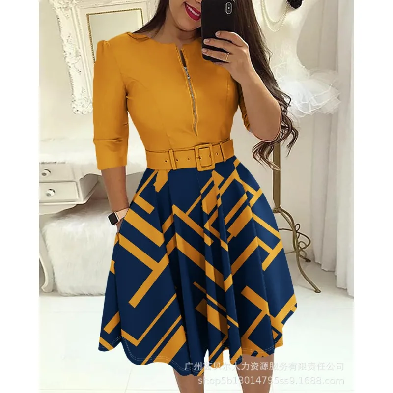 

Women Elegant Corset Dress 2023 Y2K Half Sleeve High Waist Pleated Dress Baroque Leopard Print Colorblock Zipper Dress With Belt