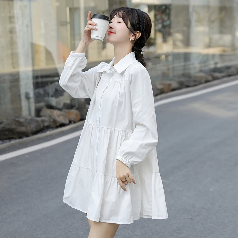 2022 Autumn New Korean Fashion Simple Solid Shirt Dress Women Casual Basic Loose  Long Sleeve Big Blouses A-line Mini Skirt - Dresses - AliExpress