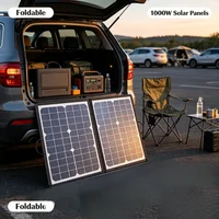 Panneau solaire monocristallin pliable de 1000W, kit de chargeur solaire portable et étanche, connecteur multi-sortie pour générateur solaire, camping, camping-car, caravane, voyage, maison, alimentation d'urgence hors réseau. 1
