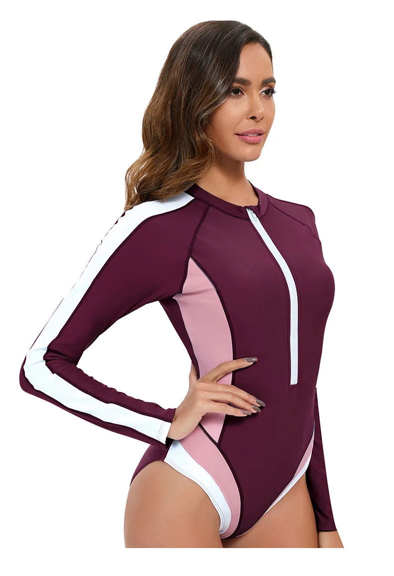 Women Long Sleeve Bathing Suit Wetsuit One-Piece Swimsuit Half-Zip Design Slim Fit Beach Surfing Swimwear Multiple Colors