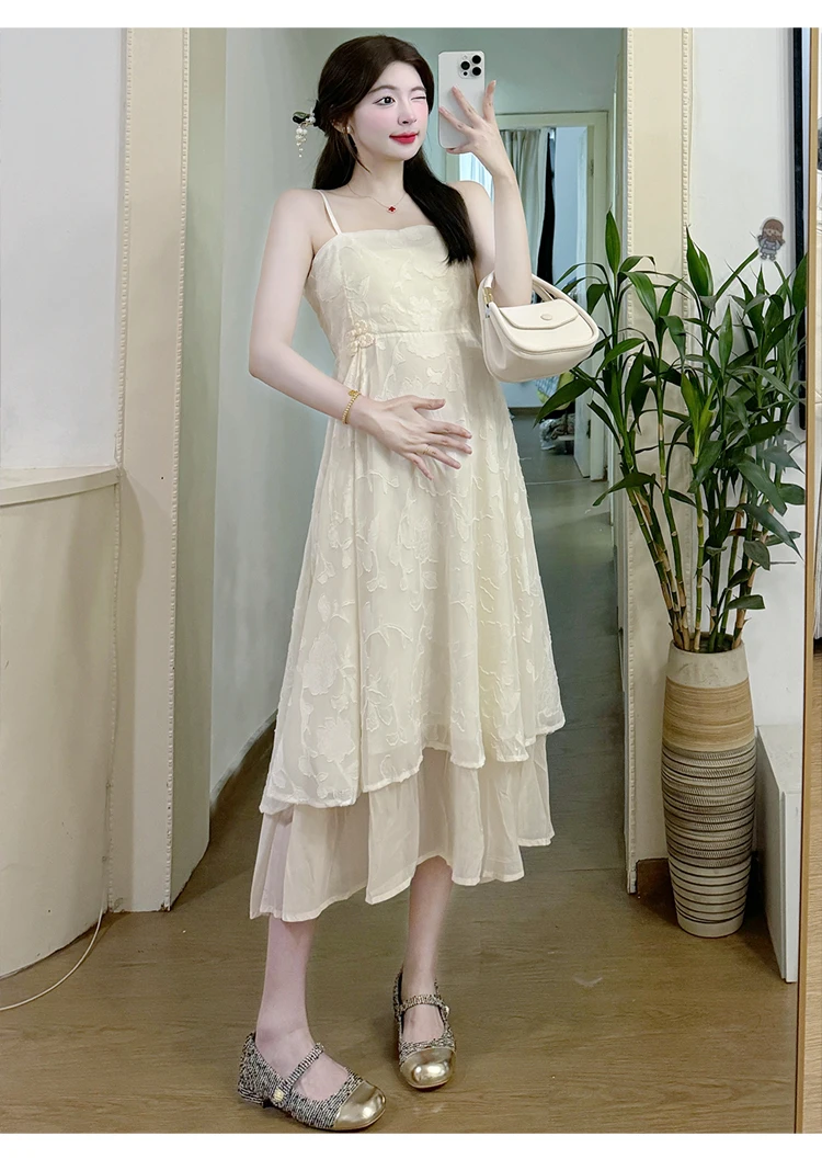 Chinese Style Pregnant Woman Clothes Set Button Turn Down Collar Embroidered Shirts+Maternity Strap Dress Two-piece Set Sweet