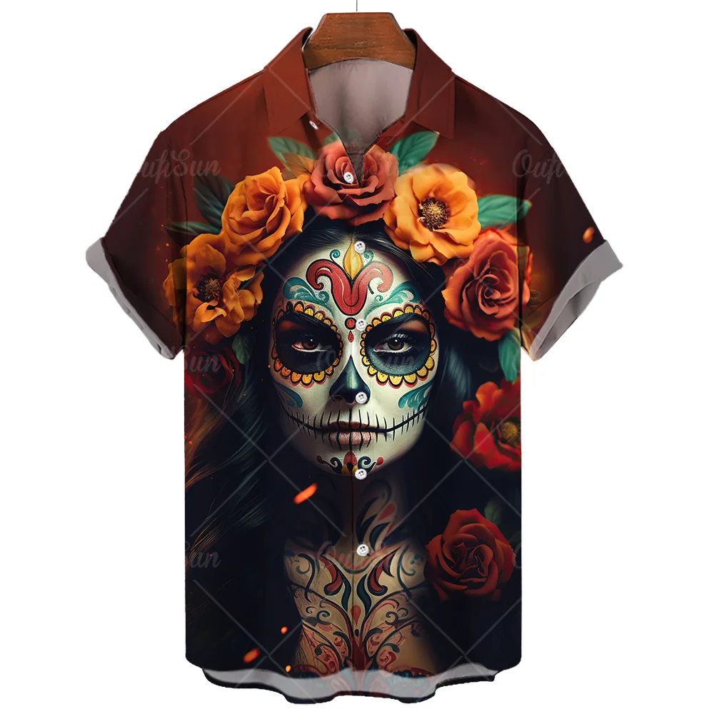 2023 New 3D Skull Shirt Men's Clothing Death Day Pattern Clothing Button Extra Large Short Sleeve Top Men's Hawaiian Shirt