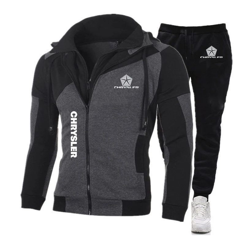 CHRYSLER 2022 Men's New Printed Zipper Jacket Outdoor Running Sports Tracksuits Autumn Long Sleeves Hoodie And Sweatpants Suits