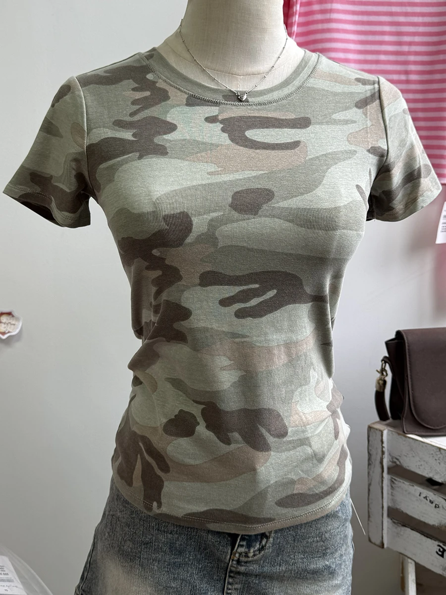 รูปสินค้า เสื้อผ้าฝ้ายลายพราง วินเทจ Y2K เข้ารูป