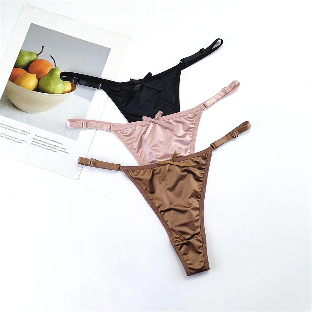 3PCS/Set Glossy Satin Pink Thong Adjustable Low Waist Women Smooth Silk G-string Sexy Plus Size Panty Set Underwear