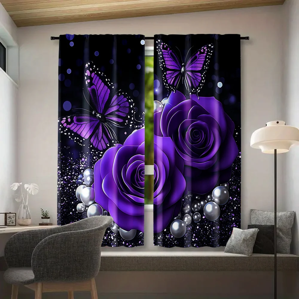 2pcs, Curtains Purple Rose Butterfly Flower Romantic Valentine's Day Blackout Polyester Versatile Applies to Holiday Decorations 2