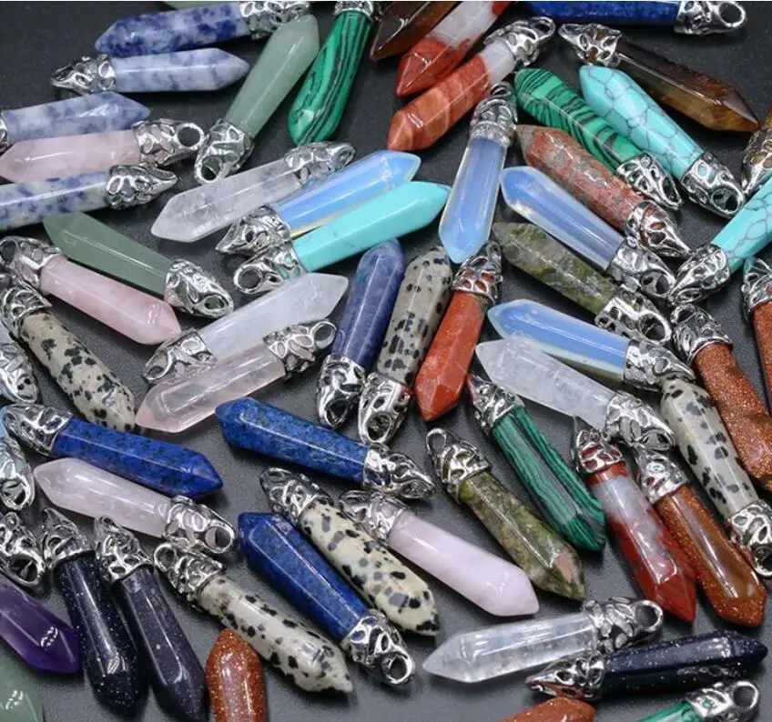 Natural Stone 9*38mm hexagonal pyramid Amethyst Aventurine Rose Quartz Crystal Agates Pendant Charms Diy Necklace