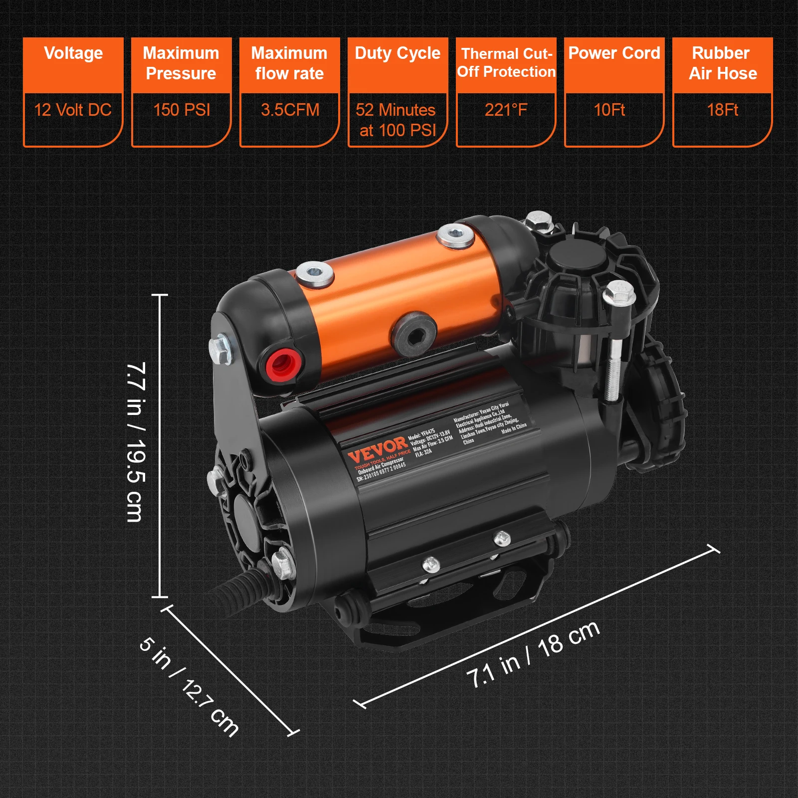 VEVOR Compresseur a Air 12 V 10 bar Gonfleur Pneu Voiture Portable 100  L/min Protection Thermique Pompe a Air Cable Alimentation 3 m Tuyau deAir  5,5 m