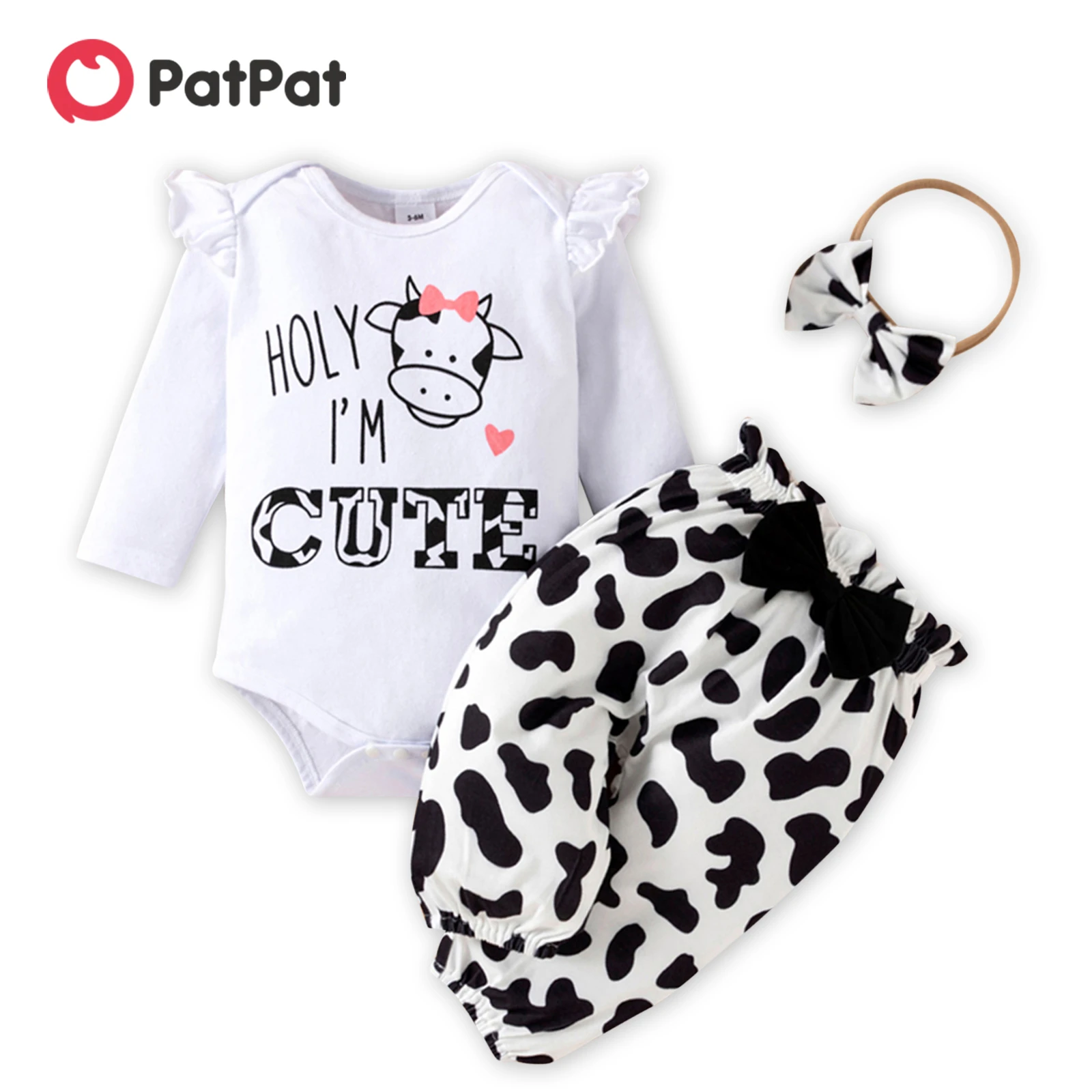 PatPat 3pcs Baby Girl Letter and Cow Print White Long-sleeve Romper and Bowknot Trousers Set baby dress and set